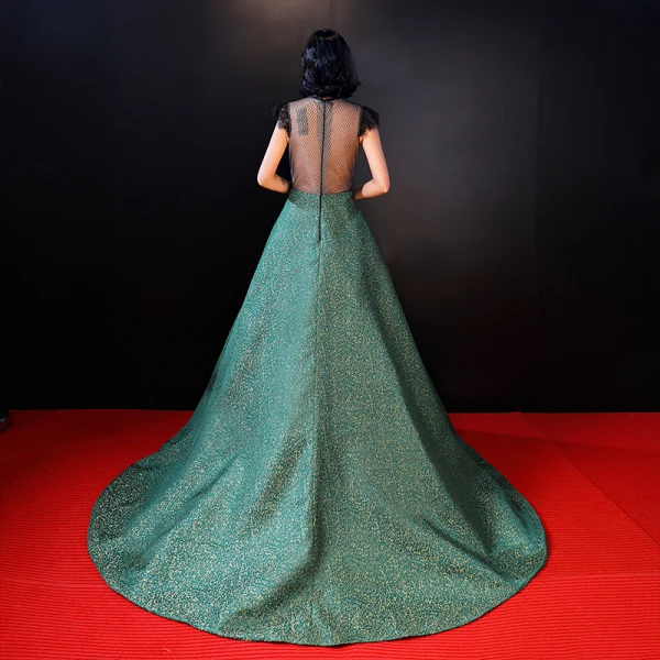 Luxury / Gorgeous Green Evening Dresses 2018 A-Line / Princess Lace Backless  Pierced Floor-Length / Long Evening