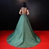 Luxus / Herrlich Grün Abendkleider 2018 A Linie Spitze Rückenfreies Durchbohrt Lange Abend Festliche Kleider