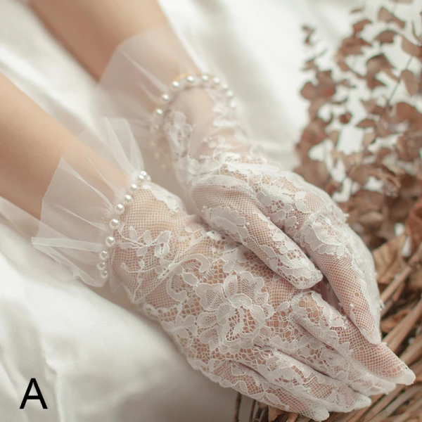 Chic / Belle Blanche Gants Mariage 2020 En Dentelle Tulle Fait main Perlage Perle Mariage Accessorize