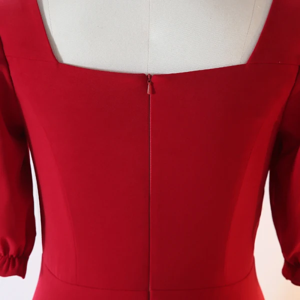 Chic / Beautiful Red Plus Size Evening Dresses 2020 A-Line / Princess V-Neck 1/2 Sleeves Buttons Handmade Solid Color Evening Party Outdoor / Garden Summer Tea-length Formal Dresses