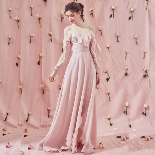 Amazing / Unique Sweep Train Blushing Pink Evening Dresses 2018 A-Line / Princess V-Neck Chiffon Long Sleeve Puffy Backless Formal Dresses