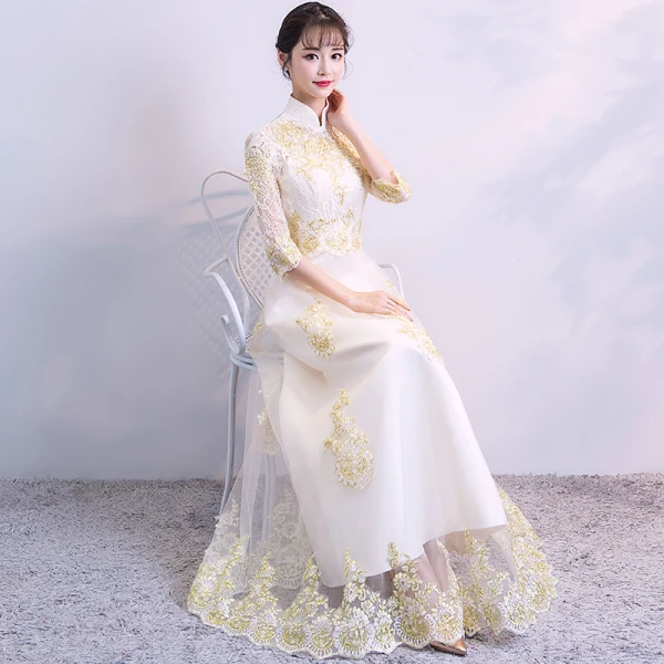 Chinese style Champagne Evening Dresses 2018 A-Line / Princess High Neck Lace-up Tulle Appliques Backless Evening Party Formal Dresses