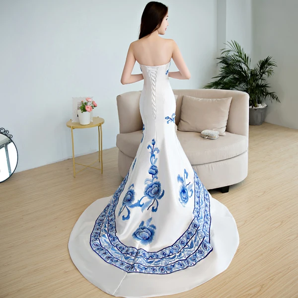 Chinese style Royal Blue Chapel Train Evening Dresses  2018 Trumpet / Mermaid Charmeuse Appliques Printing Strapless Evening Party Formal Dresses