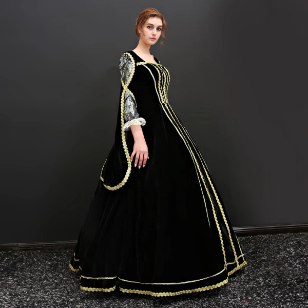 Vintage / Retro Black Floor-Length / Long Prom Dresses 2018 Lace-up 3/4 Sleeve U-Neck Printing Prom Ball Gown Evening Dresses