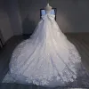Luxury / Gorgeous White Cathedral Train Wedding 2018 Crossed Straps Lace-up Tulle Backless Beading Embroidered Ball Gown Wedding Dresses