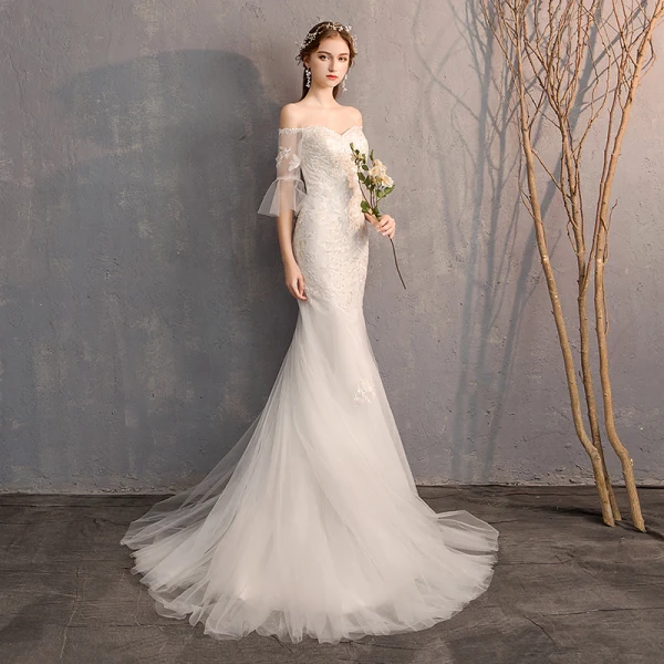 Amazing / Unique White Trumpet / Mermaid Wedding Dresses 2019 Lace Tulle Appliques Backless Embroidered Strapless Court Train Church Wedding