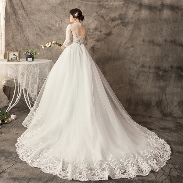 Unique Weiß Übergröße Ballkleid Brautkleider / Hochzeitskleider 2019 Tülle Spitze U-Ausschnitt Applikationen Rückenfreies Handgefertigt Kapelle-Schleppe Hochzeit