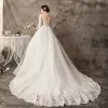 Amazing / Unique White Plus Size Ball Gown Wedding Dresses 2019 Tulle Lace U-Neck Appliques Backless Handmade  Chapel Train Wedding