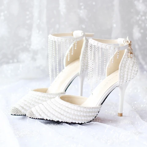 Hermoso Blanco 2018 Boda 9 cm Punta Estrecha Gala Rebordear Crystal Rhinestone High Heels Stilettos / Tacones De Aguja Zapatos de novia