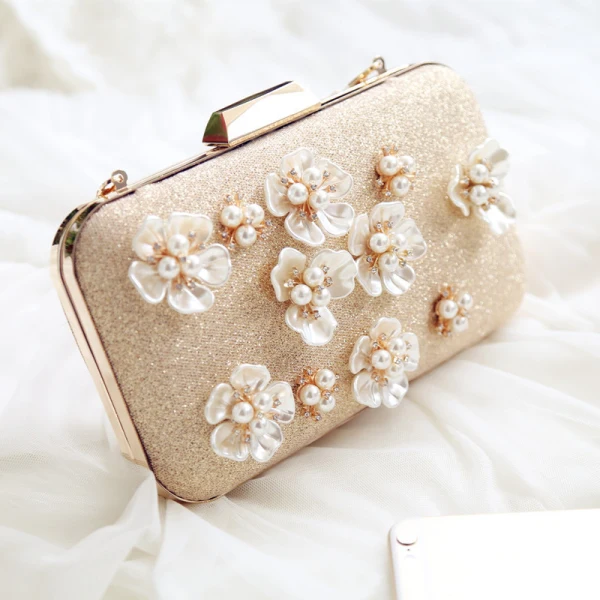 Chic / Beautiful Gold Clutch Bags Beading Flower Pearl Rhinestone Wedding Evening Party Accessories 2019
