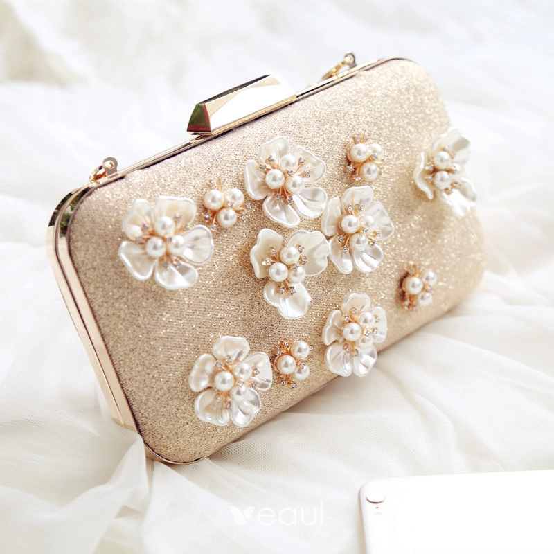 Chic Beautiful Gold Clutch Bags Beading Flower Pearl Rhinestone Wedding Evening Party Accessories 2019