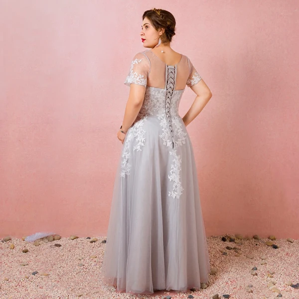 Charming Grey Plus Size Evening Dresses 2018 A-Line / Princess V-Neck Tulle Lace-up Appliques Backless Summer Short Sleeve Evening Party Formal Dresses