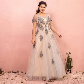 Luxury Gorgeous Grey Plus Size Evening Dresses 2018 A Line Princess U Neck Tulle Lace Up Ankle Strap Appliques Backless Evening Party Prom Dresses