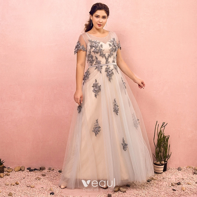 Luxe Gris Grande Taille Robe De Soiree 2018 Princesse U Cou Tulle Lacer Bride Cheville Appliques Dos Nu Soiree Robe De Bal
