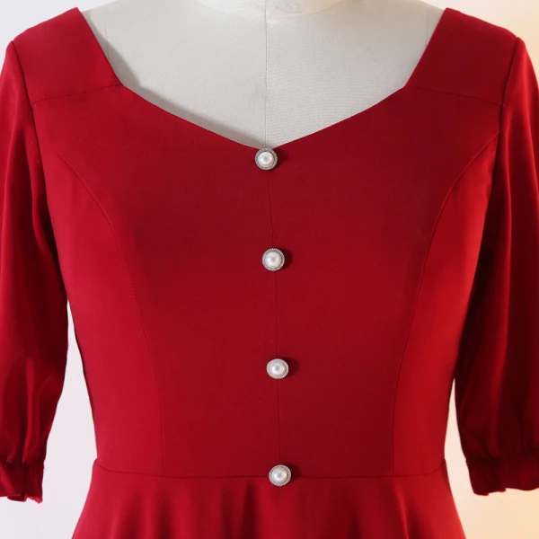 Chic / Beautiful Red Plus Size Evening Dresses 2020 A-Line / Princess V-Neck 1/2 Sleeves Buttons Handmade Solid Color Evening Party Outdoor / Garden Summer Tea-length Formal Dresses