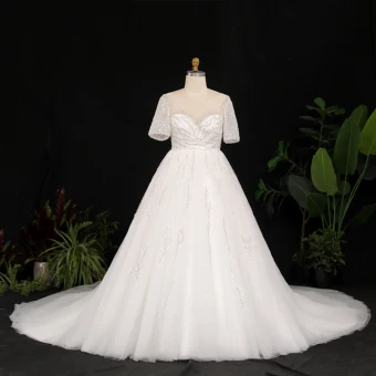 Stunning Sparkly Ivory Plus Size Ball Gown Wedding Dresses 2021 U Neck Lace Tulle Satin 1 2 Sleeves Backless Handmade Beading Rhinestone Sequins Glitter Chapel Train Wedding