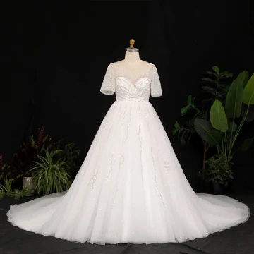 Stunning Glitter Ivoor Grote Maat Baljurk Trouwjurken 2021 U Hals Kanten Tule Satijn 1 2 Mouwen Ruglooze Handgemaakt Kralen Rhinestone Pailletten Glans Chapel Train Huwelijk