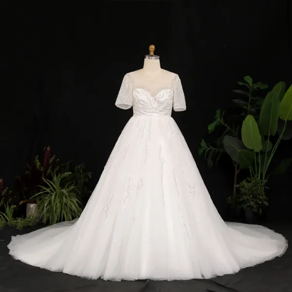 Stunning Sparkly Ivory Plus Size Ball Gown Wedding Dresses 2021 U-Neck Lace Tulle Satin 1/2 Sleeves Backless Handmade  Beading Rhinestone Sequins Glitter Chapel Train Wedding