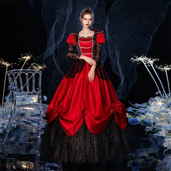 Vintage / Retro Medieval Gothic Bling Bling Red Ball Gown Prom Dresses 2021 Long Sleeve Square Neckline Floor-Length / Long Beading Flower Sequins Lace Cosplay Prom Formal Dresses