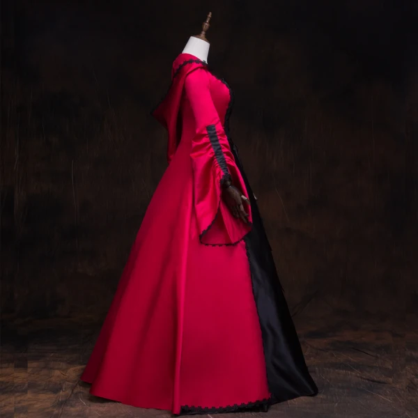 Vintage / Retro Medieval Gothic Red Black Ball Gown Prom Dresses 2021 Square Neckline Long Sleeve Floor-Length / Long Lace Satin Cosplay Prom Formal Dresses