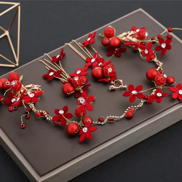 Chic / Beautiful Red Headpieces Earrings 2019 Beading Rhinestone Wedding Prom Accessories