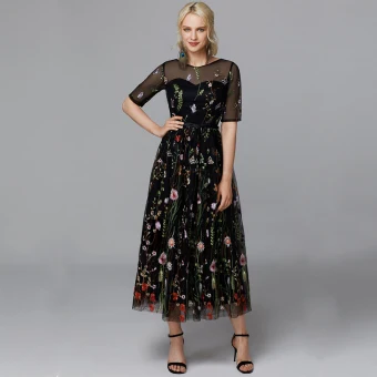 Flower Fairy Black Evening Dresses 2020 A Line Princess 1 2 Sleeves U Neck Tea Length Beading Flower Butterfly Appliques Cocktail Party Evening Party Formal Dresses