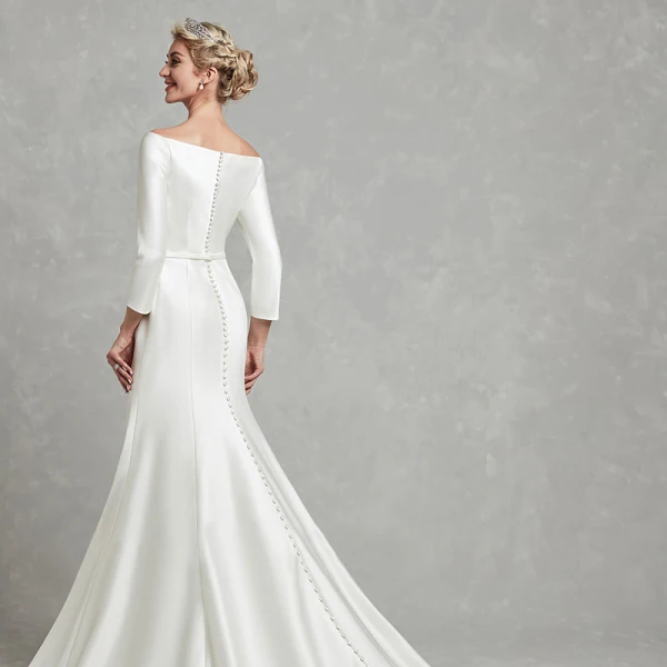 Classic Elegant White Wedding Dresses 2020 Trumpet / Mermaid Off-The-Shoulder Long Sleeve Satin Covered Button Sweep Train Wedding