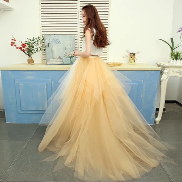 2 Piece Gold Prom Dresses 2017 A-Line / Princess U-Neck Tulle Sleeveless Embroidered Evening Party Formal Dresses