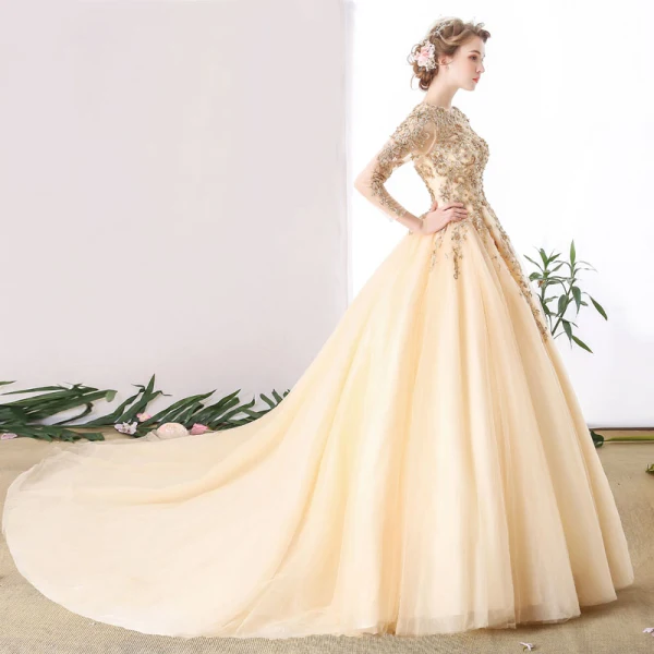 Luxe Princesse Robe De Mariée 2017 Champagne Bretelles croisées Lanières Chapel Train Organza Encolure Dégagée Mariage Manches Longues