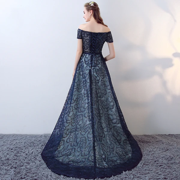 Schöne Marineblau Ballkleider 2017 Bandeau Mit Spitze Applikationen Rückenfreies Stickerei Riemchen Drucken Abendkleider