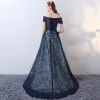 Chic / Beautiful Navy Blue Prom Dresses 2017 Strapless Lace Appliques Backless Embroidered Strappy Printing Evening Dresses