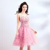 Chic / Beautiful Candy Pink Graduation Dresses 2018 A-Line / Princess U-Neck Tulle Appliques Beading Feather Sequins Homecoming Cocktail Party Formal Dresses