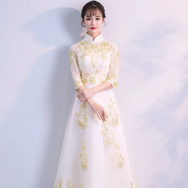 Chinese style Champagne Evening Dresses 2018 A-Line / Princess High Neck Lace-up Tulle Appliques Backless Evening Party Formal Dresses