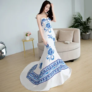 Chinese Style Royal Blue Chapel Train Evening Dresses 2018 Trumpet Mermaid Charmeuse Appliques Printing Strapless Evening Party Formal Dresses
