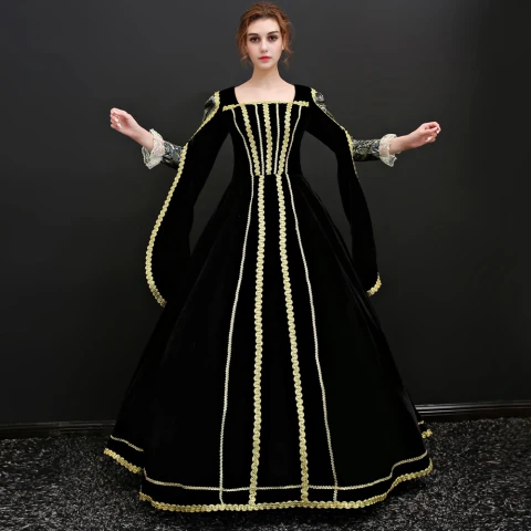 Vintage Schwarz Lange Ballkleider 2018 Schnüren 3/4 Ärmel U-Ausschnitt Drucken Ball Ballkleid Abendkleider