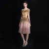 Amazing / Unique Blushing Pink Short Graduation Dresses 2018 Appliques Backless Crystal Tulle V-Neck Evening Party Sleeveless A-Line / Princess Formal Dresses