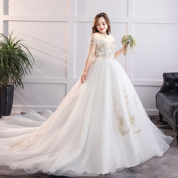 Glamourös Weiß Ballkleid Übergröße Brautkleider / Hochzeitskleider 2019 Spitze Tülle Applikationen Rückenfreies Bandeau Kapelle-Schleppe Hochzeit