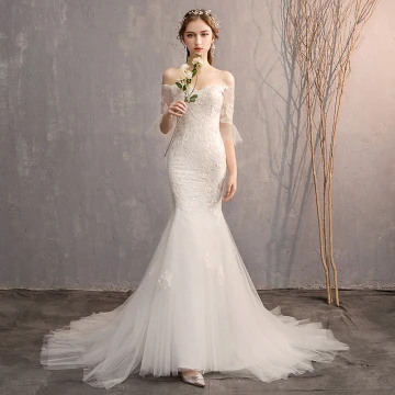 Unique Blanche Trompette Sirène Robe De Mariée 2019 Dentelle Tulle Appliques Dos Nu Brodé Bustier Tribunal Train Église Mariage