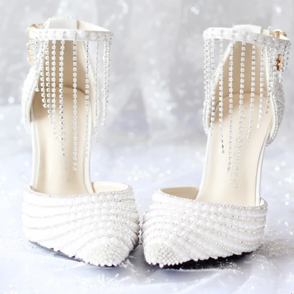 Schöne Weiß 2018 Hochzeit 9 cm Spitzschuh Ball Perlenstickerei Kristall Strass Hochhackige Stilettos Brautschuhe