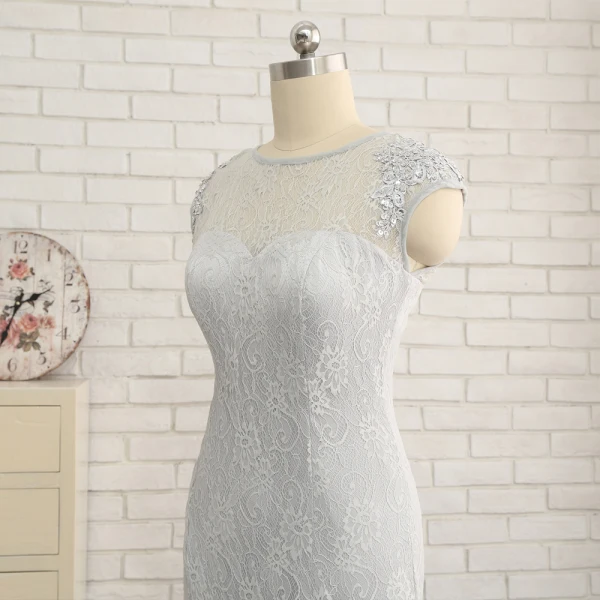 Luxury / Gorgeous Silver Short Trumpet / Mermaid Mother Of The Bride Dresses 2019 Lace U-Neck Appliques Backless Beading Sequins Handmade  Church Wedding Party Dresses