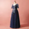 Modest / Simple Navy Blue Plus Size Evening Dresses  2018 Summer V-Neck 1/2 Sleeves A-Line / Princess Tulle Lace Crossed Straps Appliques Backless Beading Evening Party Formal Dresses
