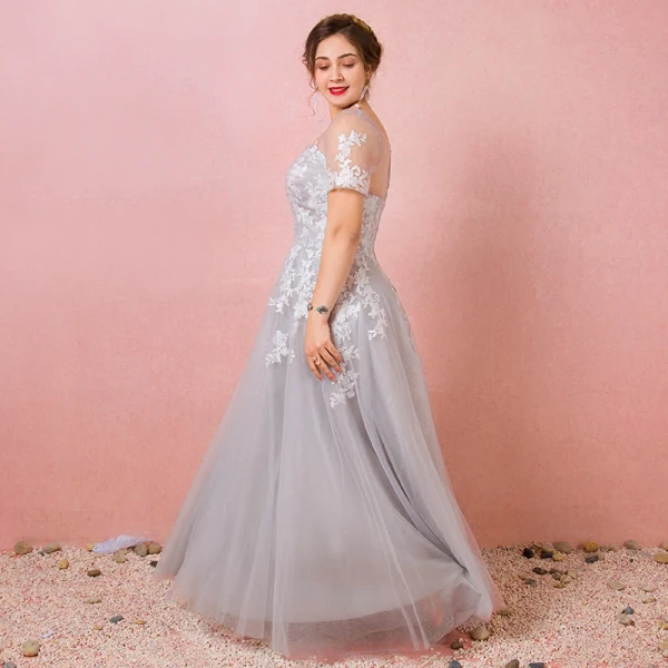 Charming Grey Plus Size Evening Dresses 2018 A-Line / Princess V-Neck Tulle Lace-up Appliques Backless Summer Short Sleeve Evening Party Formal Dresses