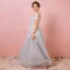 Charming Grey Plus Size Evening Dresses  2018 A-Line / Princess V-Neck Tulle Lace-up Appliques Backless Summer Short Sleeve Evening Party Formal Dresses