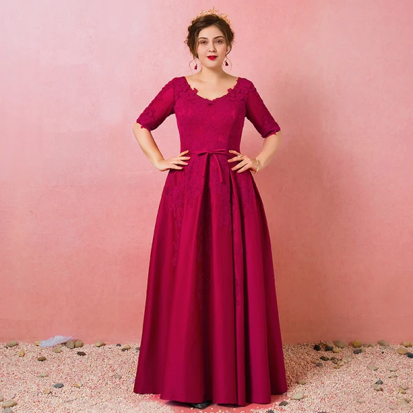 Modest / Simple Burgundy Plus Size Evening Dresses  2018 A-Line / Princess 1/2 Sleeves Lace Tulle U-Neck Appliques Backless Evening Party Formal Dresses