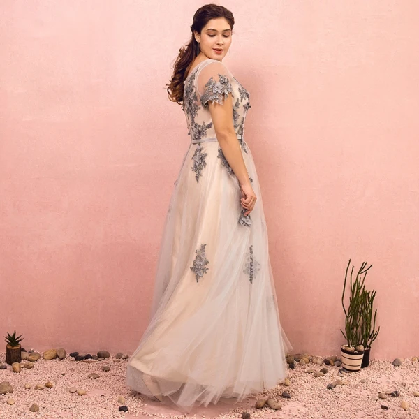 Luxury / Gorgeous Grey Plus Size Evening Dresses 2018 A-Line / Princess U-Neck Tulle Lace-up Ankle Strap Appliques Backless Evening Party Prom Dresses