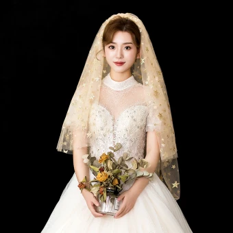 Sparkly Bling Bling Champagne Wedding Veils 2020 Short Tulle Sequins Star Wedding Accessories