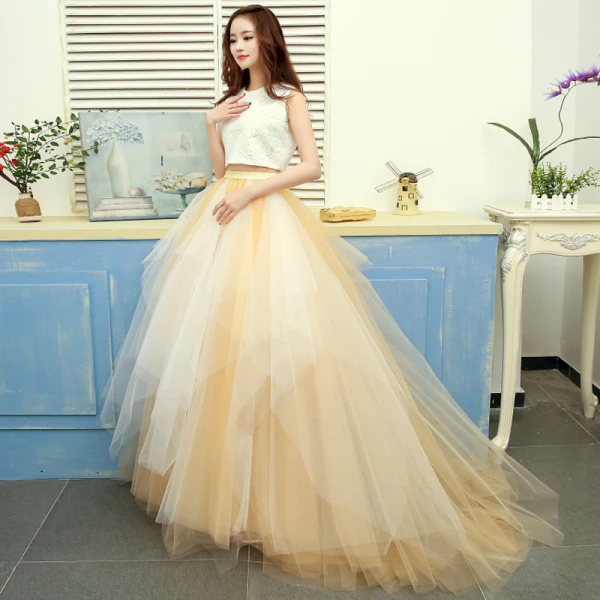 2 Piece Gold Prom Dresses 2017 A-Line / Princess U-Neck Tulle Sleeveless Embroidered Evening Party Formal Dresses