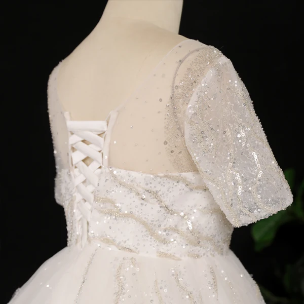 Stunning Glitter Ivoor Grote Maat Baljurk Trouwjurken 2021 U-hals Kanten Tule Satijn 1/2 Mouwen Ruglooze Handgemaakt Kralen Rhinestone Pailletten Glans Chapel Train Huwelijk
