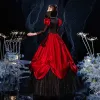 Vintage Średniowieczny Gotycka Bling Bling Czerwone Suknia Balowa Sukienki Na Bal 2021 Długie Rękawy Kwadratowy Dekolt Długie Frezowanie Kwiat Cekiny Koronkowe Cosplay Bal Sukienki Wizytowe