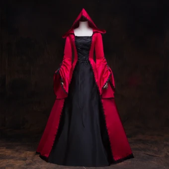 Vintage Middeleeuws Gotische Rode Zwarte Baljurk Galajurken 2021 Vierkante Halslijn Lange Mouwen Lange Kanten Satijn Cosplay Gala Gelegenheid Jurken